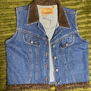 Vintage Gordon & James Denim Blue Vest with Brown Trim